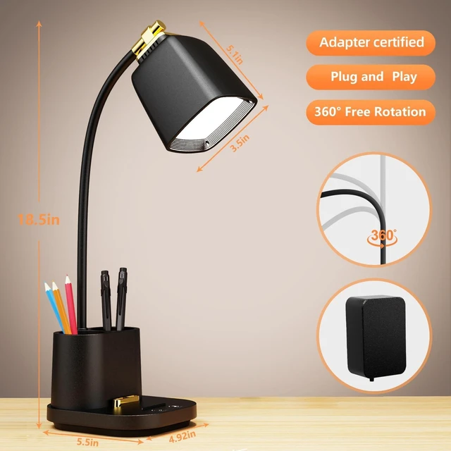 Alt view image 12 of 14 - LED Desk Lamp with USB Charging Port Touch Control 3 Color Modes, Stepless Dimming,Eye-Caring LED Table Lamp for Home,Office,Bedroom,Reading,Work,Study,Gooseneck Lamp, 5V, 2.4A