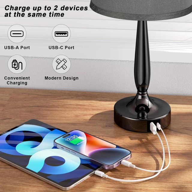 Alt view image 10 of 12 - Touch Table Lamp for Bedroom, Small Bedside Lamp with USB C Charging Port, 3 Way Dimmable Touch Control Nightstand Lamp for Living Room and Office, LED Bulb Included