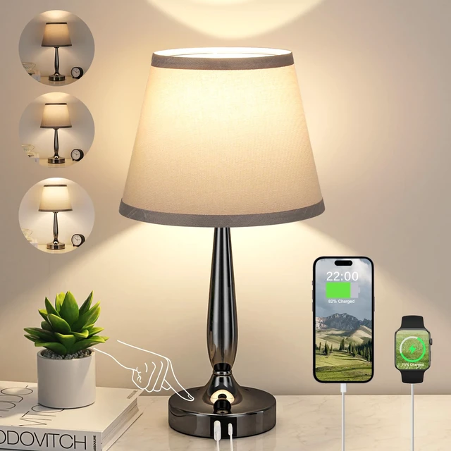 Alt view image 7 of 12 - Touch Table Lamp for Bedroom, Small Bedside Lamp with USB C Charging Port, 3 Way Dimmable Touch Control Nightstand Lamp for Living Room and Office, LED Bulb Included