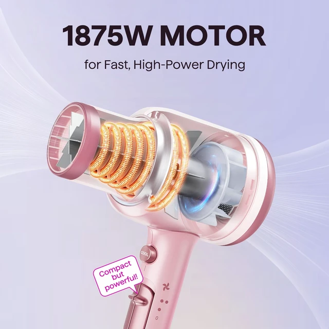 Alt view image 10 of 14 - Blown Away Ionic Hair Dryer with Diffuser for Curly Hair | 1875W Fast Drying, 3 Attachments for All Hair Types, Ceramic Healthy Shine, Lightweight & Quiet (Pink)