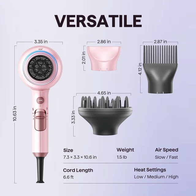 Alt view image 13 of 14 - Blown Away Ionic Hair Dryer with Diffuser for Curly Hair | 1875W Fast Drying, 3 Attachments for All Hair Types, Ceramic Healthy Shine, Lightweight & Quiet (Pink)