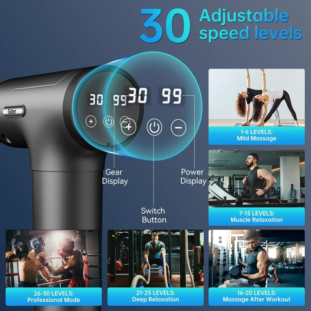 Alt view image 9 of 14 - Massage Gun Deep Tissue 30 Speeds 6 Heads, Grey | Quiet Handheld Percussion Massager for Back & Shoulder Pain, Ideal Gifts for Mom & Dad, Travel & Office, Athletes & Home Gym