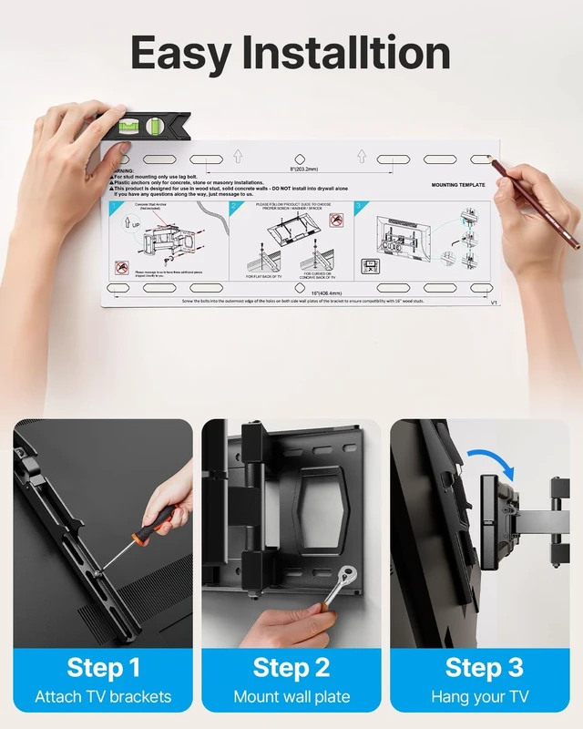 Alt view image 14 of 14 - Full Motion TV Wall Mount for 37-85 Inch TVs Mounts Up to 132lbs, Fit 16" Wood Stud, Max VESA 600x400mm, Swivel and Tilt Articulating Wall Mount TV Bracket,Fit Most 55+ 65 70 75 inch TVs