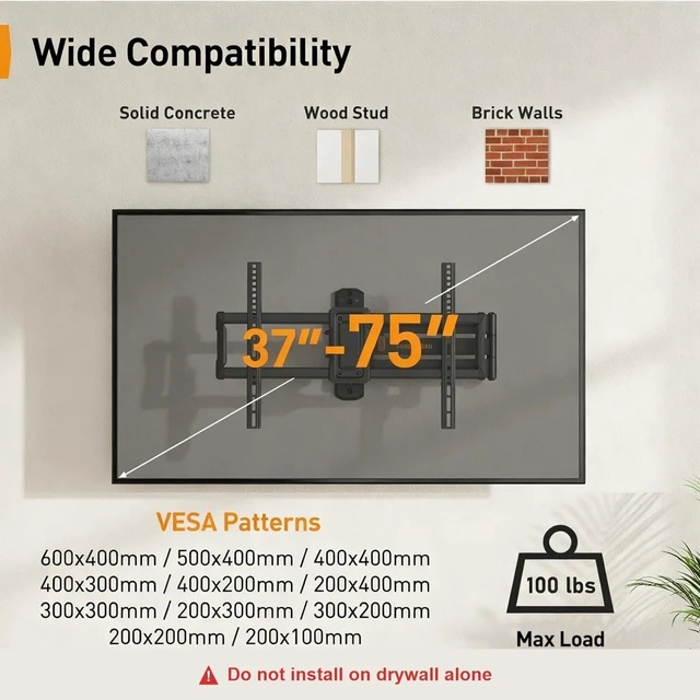 Alt view image 9 of 14 - Corner TV Wall Mount Long Arm TV Mount Bracket for 37-75 Inch TVs | Full Motion Wall Mount with 32.37 Extension & Swivel Articulating Arm & Tilt, MAX VESA 600x400mm, Holds up to 100 lbs
