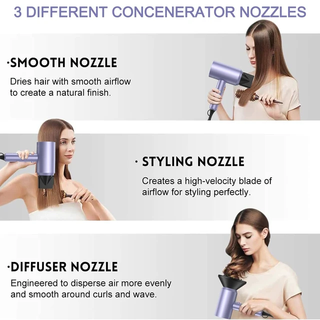 Alt view image 10 of 14 - Professional Ionic Hair Dryer, Lavender | 1800W Fast Drying, Low Noise, 2 Concentrator Nozzles, 1 Diffuser Attachment