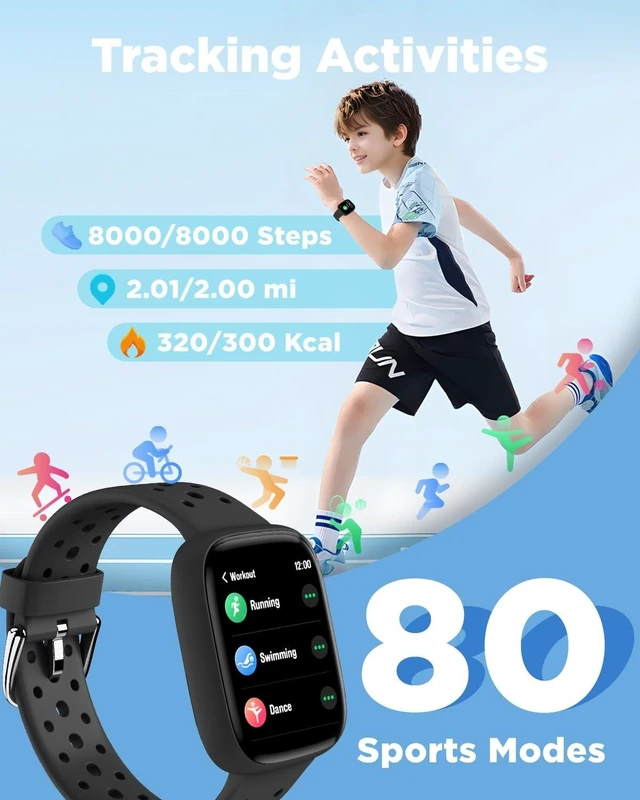 Alt view image 10 of 14 - Kids Smart Watch No Phone Needed, 1.8" Fitness Tracker Watch | Pedometer, Heart Rate, Sleep Monitor, IP68 Waterproof, Step Counter, Puzzle Games for Boys Girls Teens 5-16, Black