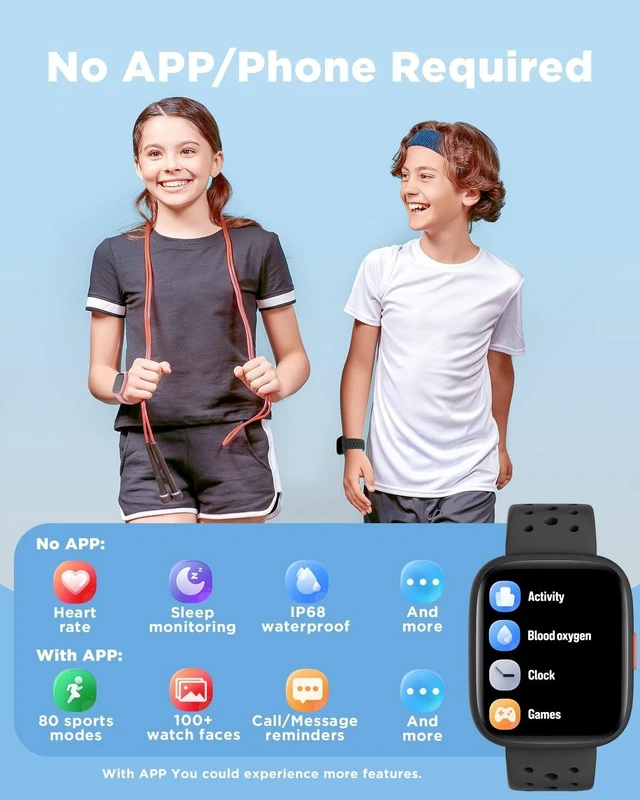 Alt view image 9 of 14 - Kids Smart Watch No Phone Needed, 1.8" Fitness Tracker Watch | Pedometer, Heart Rate, Sleep Monitor, IP68 Waterproof, Step Counter, Puzzle Games for Boys Girls Teens 5-16, Black