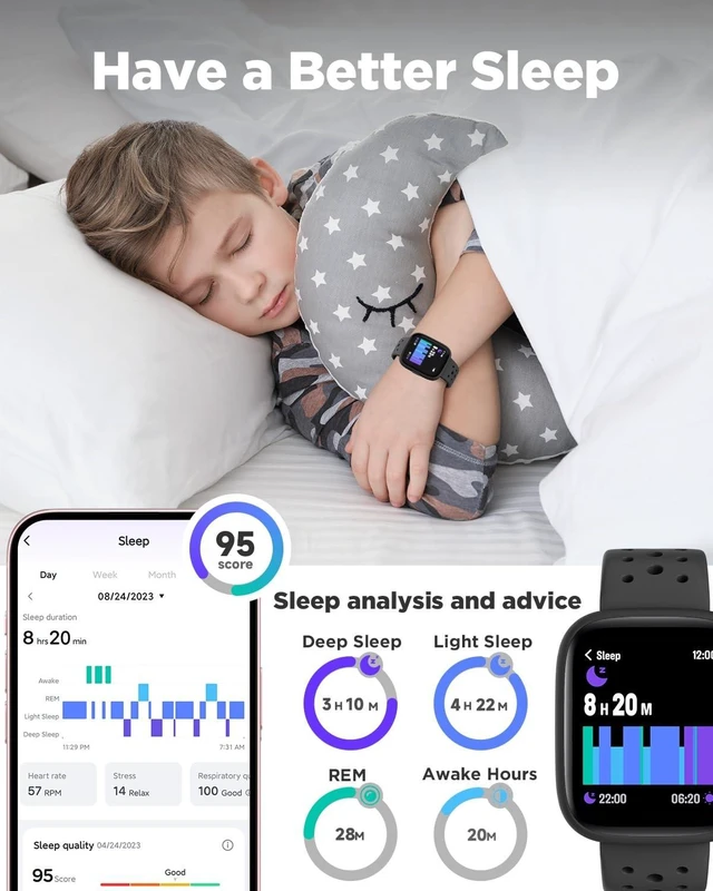 Alt view image 11 of 14 - Kids Smart Watch No Phone Needed, 1.8" Fitness Tracker Watch | Pedometer, Heart Rate, Sleep Monitor, IP68 Waterproof, Step Counter, Puzzle Games for Boys Girls Teens 5-16, Black
