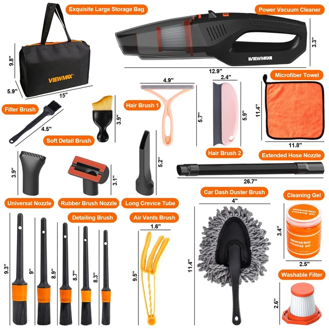 Alt view image 14 of 14 - Car Cleaning Kit 19Pcs, Car Interior Detailing Kit with 12000PA High Power Handheld 12V Corded Vacuum, Detailing Brush Set, Cleaning Gel, Complete Car Vacuum Cleaner with Storage Bag for Men & Women