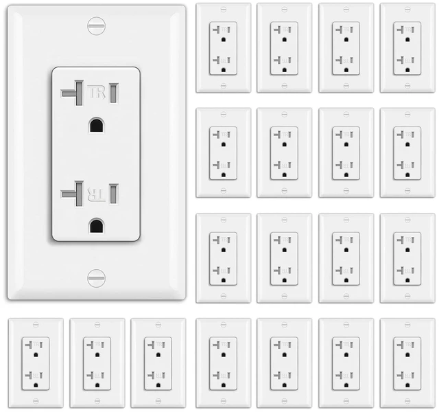 Alt view image 8 of 14 - 20 Pack 20 Amp Decor Wall Receptacle Outlet, UL Listed, White | 20A Tamper-Resistant (TR) Electrical Outlet for Home and Office Use, 125V/2500W, Wall Plate Included