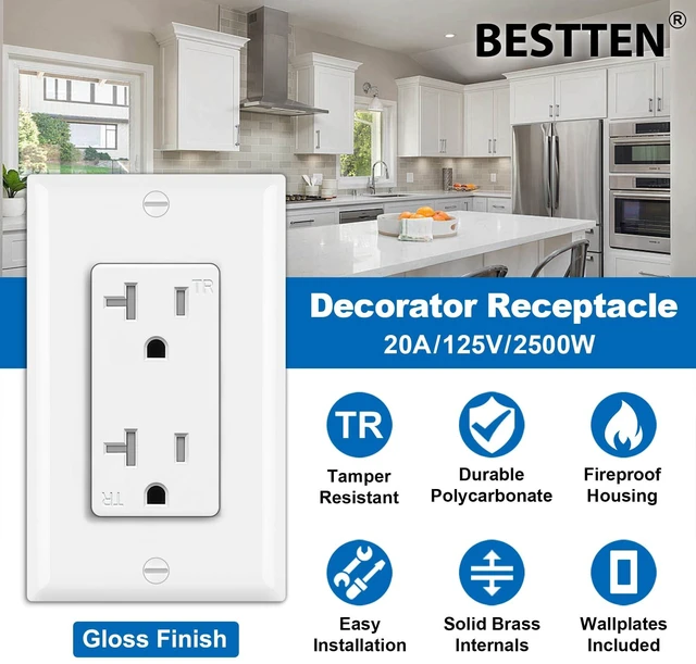 Alt view image 9 of 14 - 20 Pack 20 Amp Decor Wall Receptacle Outlet, UL Listed, White | 20A Tamper-Resistant (TR) Electrical Outlet for Home and Office Use, 125V/2500W, Wall Plate Included