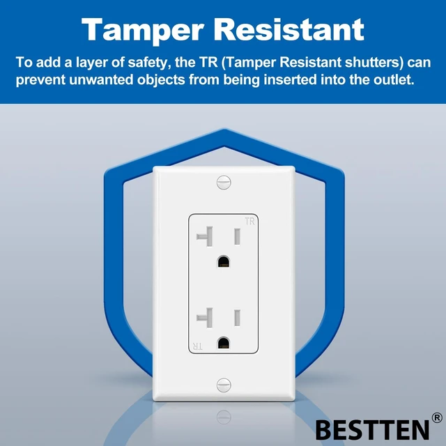 Alt view image 12 of 14 - 20 Pack 20 Amp Decor Wall Receptacle Outlet, UL Listed, White | 20A Tamper-Resistant (TR) Electrical Outlet for Home and Office Use, 125V/2500W, Wall Plate Included