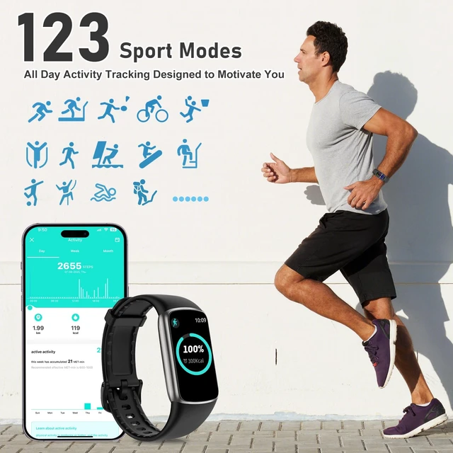 Alt view image 11 of 14 - Fitness Tracker with 24/7 Heart Rate, Blood Oxygen Sleep Monitor, 123 Sports Modes Calories Smart Watch,IP68 Waterproof Step Counter Activity Trackers Health Pedometer for Women Men (Black)