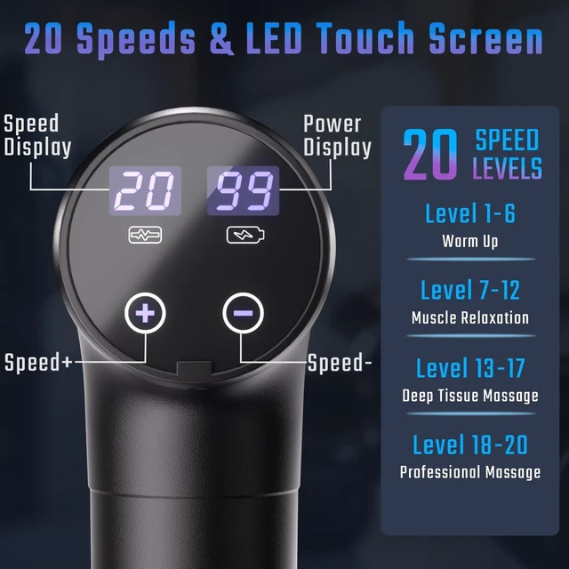 Alt view image 9 of 14 - Massage Gun Deep Tissue, Muscle Massage Gun with 9 Attachment Heads 20 Speeds & Silent Brushless Motor for Pain Relief, Handheld Percussion Back Massager Gun, Ideal Gift for Mom/Dad(Black)