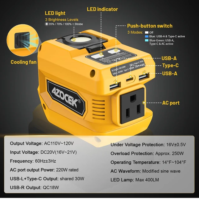 Alt view image 9 of 14 - 220W Power Inverter Compatible with Dewalt 20V Battery | Battery not included, DC 20V to AC 110V, 2 USB Ports & 1 Type-C Fast Charging, 400LM LED Work Light