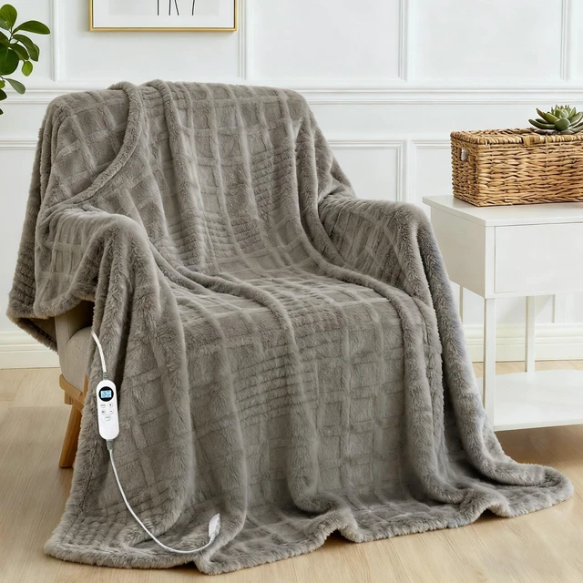Alt view image 8 of 14 - Heated Blanket Electric Throw, 50"X60" Heating Blanket Waffle with 12 Heat Levels, Fast Heating Blanket with 1-12H Timer, Overheat Protection with ETL & FCC for Bed Home Office Sofa (Light Gray