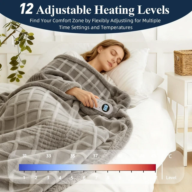 Alt view image 9 of 14 - Heated Blanket Electric Throw, 50"X60" Heating Blanket Waffle with 12 Heat Levels, Fast Heating Blanket with 1-12H Timer, Overheat Protection with ETL & FCC for Bed Home Office Sofa (Light Gray