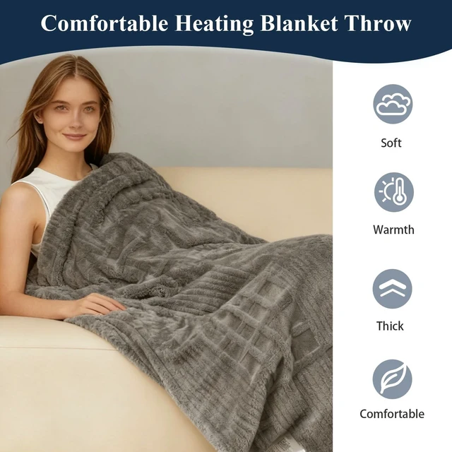 Alt view image 11 of 14 - Heated Blanket Electric Throw, 50"X60" Heating Blanket Waffle with 12 Heat Levels, Fast Heating Blanket with 1-12H Timer, Overheat Protection with ETL & FCC for Bed Home Office Sofa (Light Gray