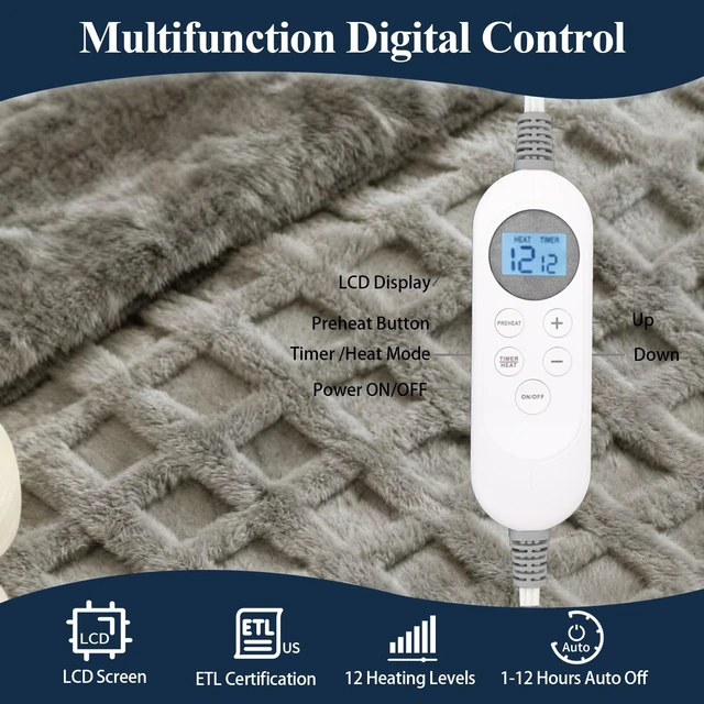 Alt view image 10 of 14 - Heated Blanket Electric Throw, 50"X60" Heating Blanket Waffle with 12 Heat Levels, Fast Heating Blanket with 1-12H Timer, Overheat Protection with ETL & FCC for Bed Home Office Sofa (Light Gray
