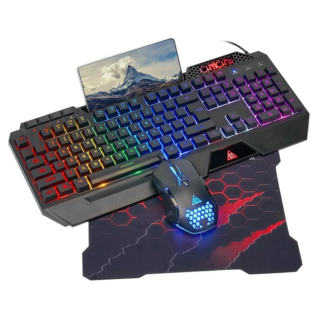 Alt view image 8 of 14 - Gaming Keyboard and Mouse Combo, Wired RGB Set for PC PS4 PS5 Xbox | Phone Holder, Ergo Wrist Rest, Full Size, Anti-Ghosting, USB Silent Light Up Keyboard, 7D 7200DPI Gaming Mouse, Mouse Pad