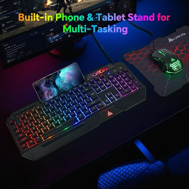 Alt view image 10 of 14 - Gaming Keyboard and Mouse Combo, Wired RGB Set for PC PS4 PS5 Xbox | Phone Holder, Ergo Wrist Rest, Full Size, Anti-Ghosting, USB Silent Light Up Keyboard, 7D 7200DPI Gaming Mouse, Mouse Pad