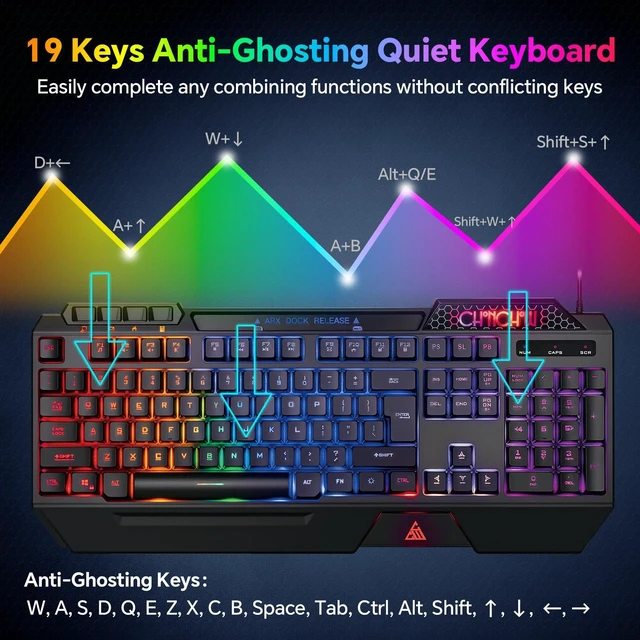 Alt view image 12 of 14 - Gaming Keyboard and Mouse Combo, Wired RGB Set for PC PS4 PS5 Xbox | Phone Holder, Ergo Wrist Rest, Full Size, Anti-Ghosting, USB Silent Light Up Keyboard, 7D 7200DPI Gaming Mouse, Mouse Pad