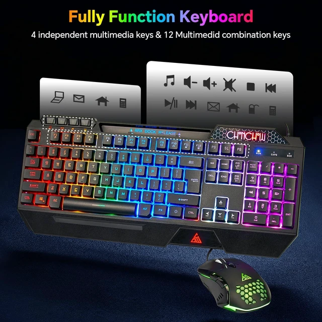 Alt view image 13 of 14 - Gaming Keyboard and Mouse Combo, Wired RGB Set for PC PS4 PS5 Xbox | Phone Holder, Ergo Wrist Rest, Full Size, Anti-Ghosting, USB Silent Light Up Keyboard, 7D 7200DPI Gaming Mouse, Mouse Pad