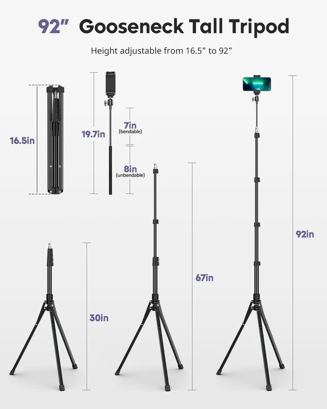 Alt view image 12 of 14 - Phone Tripod, 92" Cell Phone Stand with 15" Gooseneck, Remote and Phone Holder, Overhead & Selfie Stick for Recording/Watching/Vlog, Compatible with iPhone Android