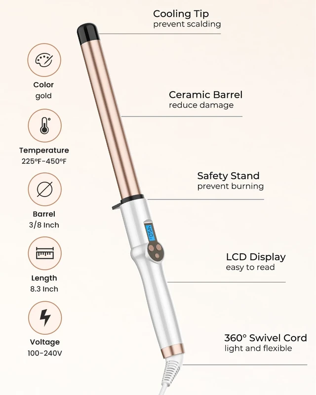 Alt view image 12 of 12 - 1 Inch Extra Long Barrel Curling Wand Ceramic for Long Hair No-Clamp | Professional Curling Iron Dual Voltage with 10 Adjustable Temperature, Glove Included