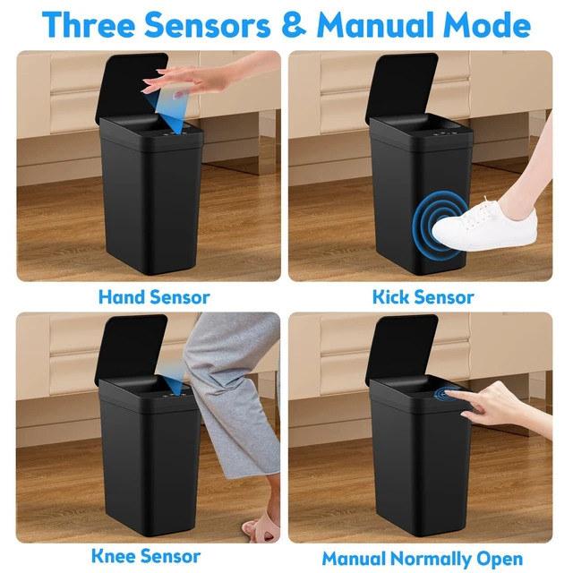 Alt view image 10 of 14 - Bathroom Trash Can with Lid, 2 Pack 2.2 Gallon Automatic Touchless Garbage Can, Small Motion Sensor Smart Trash Can, Slim Waterproof Trash Bin for Bedroom, Bathroom, Office, Living Room (Black)