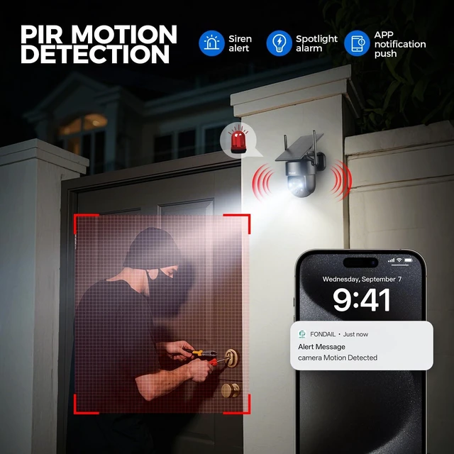 Alt view image 12 of 14 - 2K 2.4g WiFi Security Cameras Wireless Outdoor, 360° View Solar Cameras for Home Security, Color Night Vision, Motion Detection, 2-Way Audio, Spotlight Siren Alarm, SD/Cloud Storage