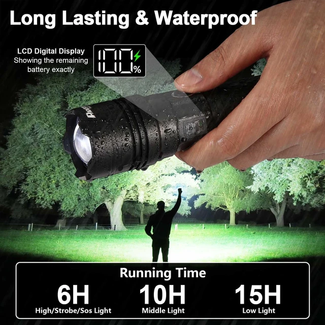 Alt view image 8 of 10 - Rechargeable Flashlight 100000 High Lumens Long Lasting 15H 6.57 | Super Bright Powerful 30W LED, Long Range 3280 FT, Safe USB C Charge, Output with LCD Display, All Metal for Camping Home