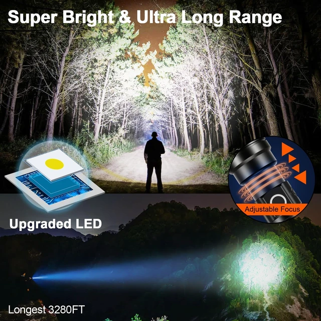 Alt view image 7 of 10 - Rechargeable Flashlight 100000 High Lumens Long Lasting 15H 6.57 | Super Bright Powerful 30W LED, Long Range 3280 FT, Safe USB C Charge, Output with LCD Display, All Metal for Camping Home