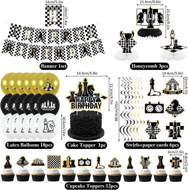 Alt view image 9 of 14 - Chess Birthday Party Decorations - Chess Party Supplies including Happy Birthday Banner, Spirals, Cake Toppers, Table Centerpieces, Balloons (LQ)