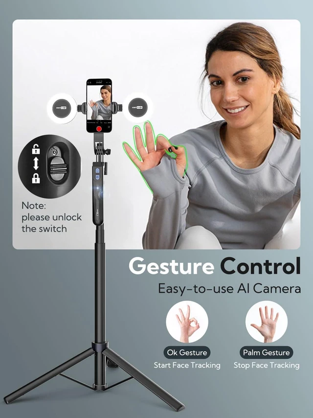 Alt view image 10 of 14 - 70.9" Auto Face Tracking Tripod 360° Rotation w/Light(UTK-02) | Phone Tripod for iPhone & Android,No App Needed,w/ Remote Control,Gesture Control,LED Light,1/4"Screw Mount,Video Recording