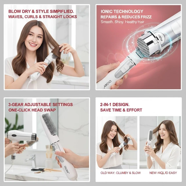 Alt view image 10 of 14 - 2-In-1 Electric Hair Dryer Styling Tool - Blow Dryer Brush with Teasing Comb, 3 Gear Adjustable Hair Straightener (US Plug)