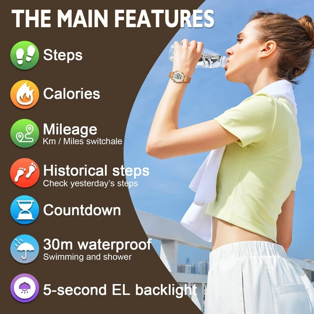 Alt view image 9 of 14 - Pedometer Watch for Women, Step Counter Watch, No App or Charging | No App No Charging, with step, calorie and distance tracking, a steel mesh band and up to 12 months of use