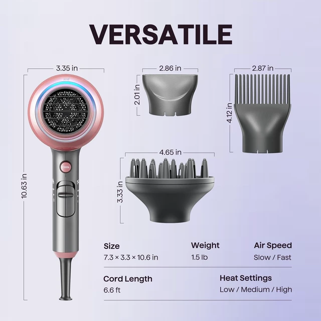 Alt view image 13 of 14 - Blown Away Ionic Hair Dryer with Diffuser for Curly Hair | 1875W Fast Drying, 3 Attachments for All Hair Types, Ceramic Healthy Shine, Lightweight & Quiet (Rose Gold)