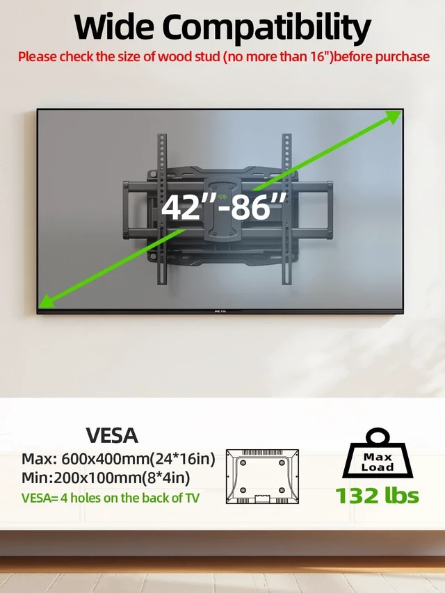 Alt view image 10 of 14 - Full Motion TV Wall Mount for 42 55 65 75 85 86 inch, TV Mount Swivel and Tilt,Wall Mount Bracket with Dual Articulating Arms Up to 132lbs, VESA 600x400mm, Max 16" Wood Studs