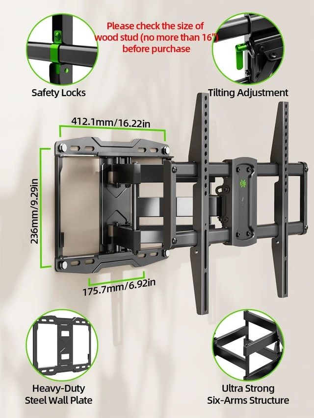 Alt view image 11 of 14 - Full Motion TV Wall Mount for 42 55 65 75 85 86 inch, TV Mount Swivel and Tilt,Wall Mount Bracket with Dual Articulating Arms Up to 132lbs, VESA 600x400mm, Max 16" Wood Studs