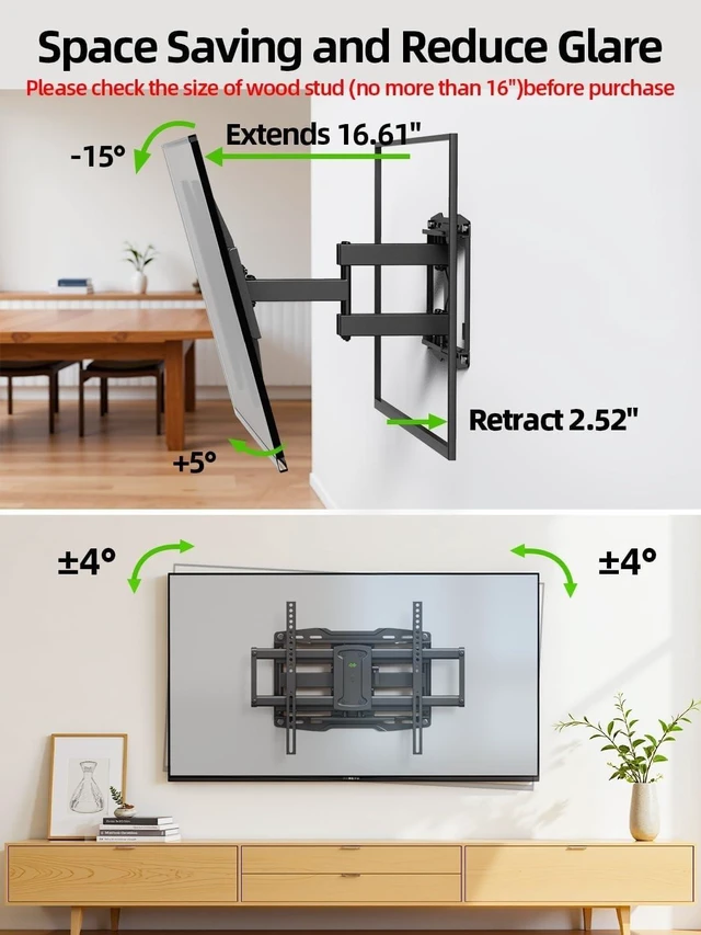 Alt view image 12 of 14 - Full Motion TV Wall Mount for 42 55 65 75 85 86 inch, TV Mount Swivel and Tilt,Wall Mount Bracket with Dual Articulating Arms Up to 132lbs, VESA 600x400mm, Max 16" Wood Studs