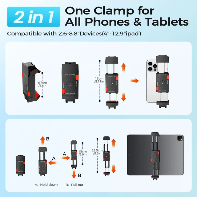 Alt view image 9 of 14 - 67" iPad Tripod Stand for Tablet Phone Camera with Remote Mount | 2-In-1 Holder Fits Ipad/Iphone Up To 12.9",Aluminum Extendable 17.7-67in,Remote 33ft, Video Recording/Vlogging,1/4" Screw