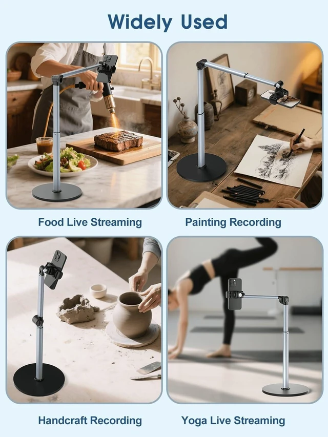 Alt view image 11 of 14 - Overhead Phone Stand, 2-Section Telescopic Aluminum Arm | For Cooking, Crafting, Filming & Painting, 360° Adjustable Arm, Overhead Phone Holder for Recording, Perfect for Creators
