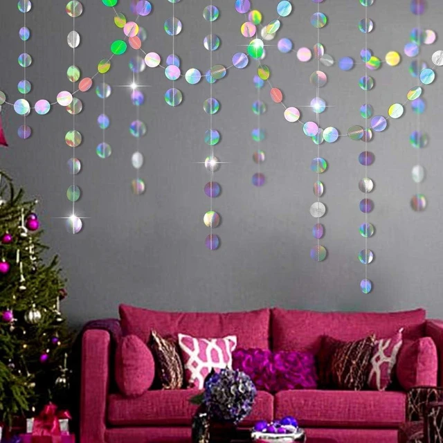 Alt view image 12 of 12 - Cheerland Iridescent Party Decorations Holographic Circle Garlands Disco Theme Birthday Decorations Bachelorette Hanging Streamers Banner Graduation Decor Euphoria Karaoke Music Party Backdrop