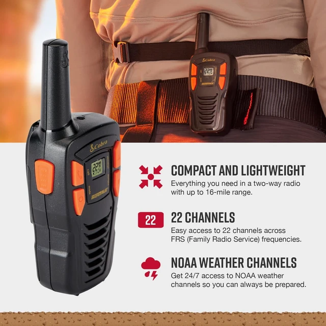 Alt view image 9 of 12 - ACXT145 Compact Walkie Talkies, Rechargeable, Lightweight, black | 22 Channels, Long Range 16-Mile Two-Way Radio Set (2-Pack)