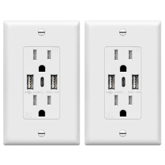 Alt view image 8 of 14 - 4.2A Dual Type A&C USB Wall Outlet, Charging Power Receptacle | 21W, White, 2 Pack, Wall Plate Included, UL Listed, Residential Grade, Tamper-Resistant Child-Safe, 3-year Support
