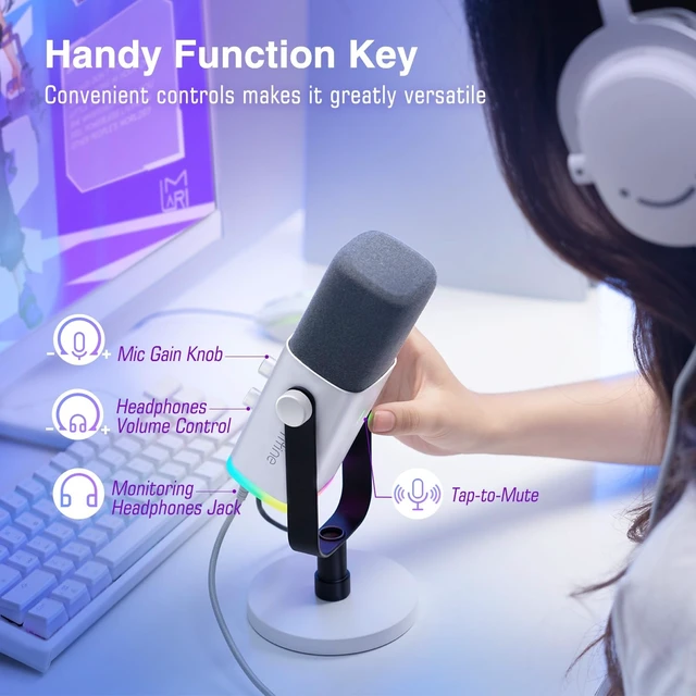 Alt view image 12 of 14 - AmpliGame AM8W XLR/USB Gaming Microphone for Streaming Podcasting | Dynamic PC Computer RGB Mic, with Gain Knob, Mute Button, Monitoring Jack, for Gamer Recording Video Creation, White