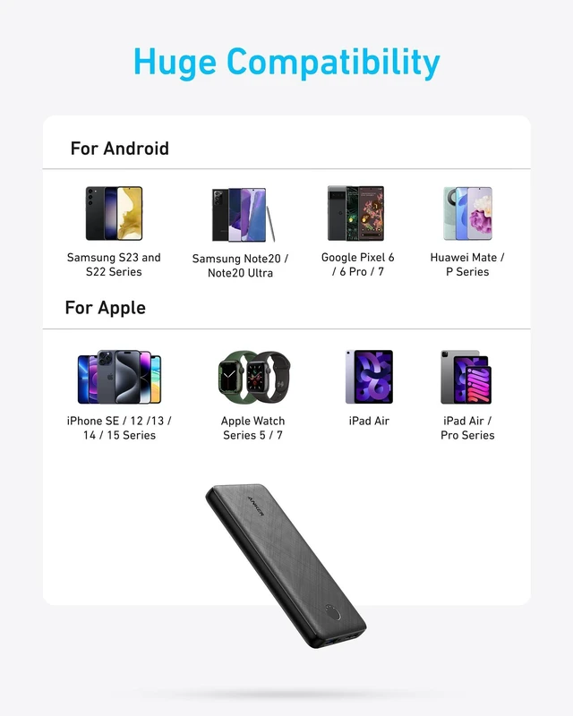 Alt view image 14 of 14 - Power Bank, 10,000mAh Portable Charger, PowerIQ USB-C Battery Pack | 5V / 3A High-Speed Charging, for iPhone, iPad, and More, Ultra-Compact Travel-Ready Design (Black)