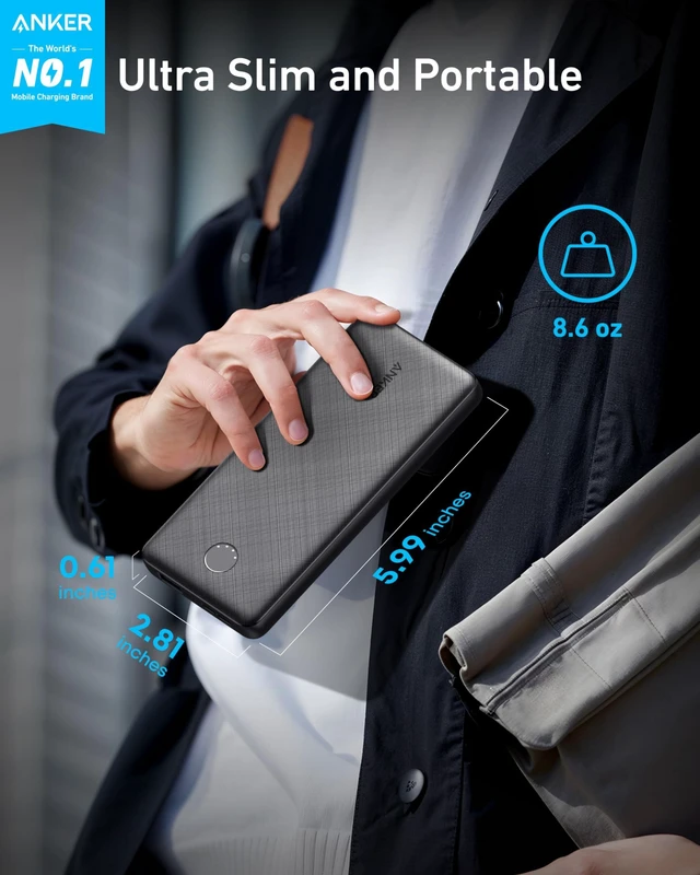 Alt view image 9 of 14 - Power Bank, 10,000mAh Portable Charger, PowerIQ USB-C Battery Pack | 5V / 3A High-Speed Charging, for iPhone, iPad, and More, Ultra-Compact Travel-Ready Design (Black)