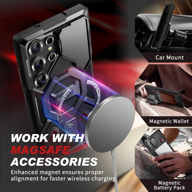 Alt view image 10 of 14 - Magnetic Stand for Samsung Galaxy S25 Ultra Case, Black | 2 Front Frames, Privacy Screen & Camera Cover, Compatible with MagSafe, Military Drop Protection Phone Case with Belt Clip